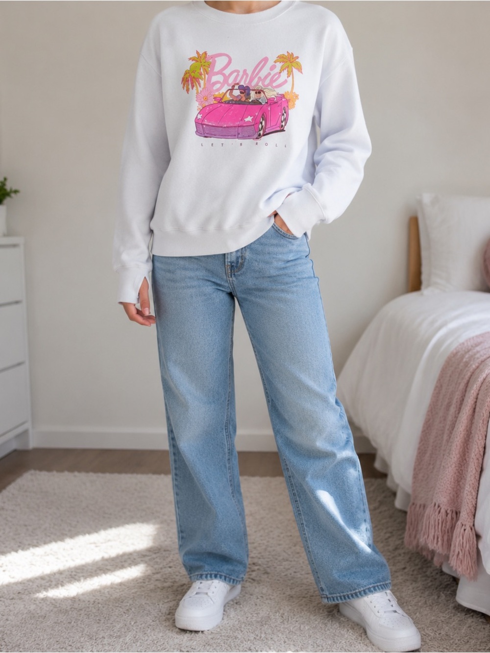Abercrombie Kids Barbie White Crewneck Sweater Let’s Roll Size 13/14